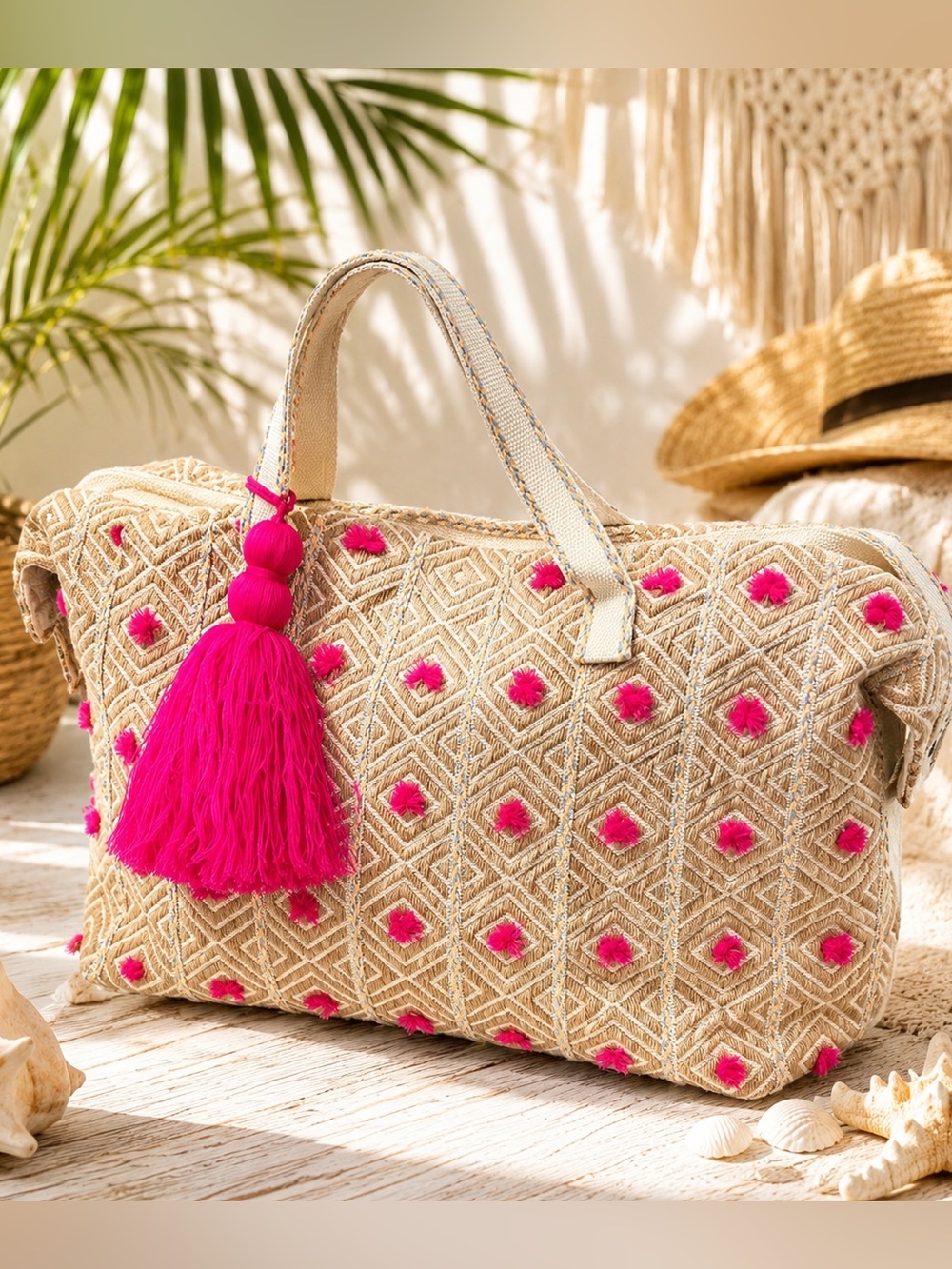 Stacy Bradley Design Boho Weekender Tote Bag Tan Cream Geometric Pink Tassel